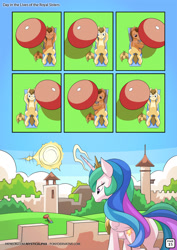 Size: 955x1351 | Tagged: safe, artist:mysticalpha, princess celestia, oc, alicorn, pegasus, pony, comic:day in the lives of the royal sisters, bored, castle, comic, crown, dialogue, female, helmet, horseshoes, jewelry, mare, peytral, regalia, royal guard, speech bubble, sun, sun work, trollestia, umbrella