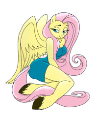 Size: 628x800 | Tagged: safe, artist:derpyhooves113, artist:geistdagger, edit, fluttershy, anthro, unguligrade anthro, bedroom eyes, breasts, clothes, dress, female, looking at you, smiling, solo, unshorn fetlocks