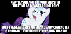 Size: 1025x500 | Tagged: safe, rarity, pony, unicorn, spoiler:s07, background pony, background pony rarity, background pony strikes again, black background, drama bait, image macro, implied flurry heart, meme, op is a cuck, op is trying to start shit, simple background, solo