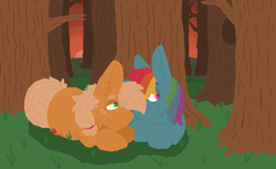 Size: 1500x920 | Tagged: safe, artist:gamecyoob, derpibooru import, applejack, rainbow dash, earth pony, pegasus, pony, appledash, female, forest, lesbian, mane six, mare, pda, shipping, sunset