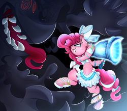 Size: 3500x3050 | Tagged: safe, artist:madacon, pinkie pie, anthro, unguligrade anthro, belly button, midriff, monster, weapon