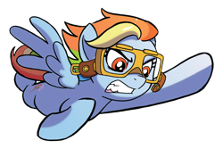 Size: 1500x1000 | Tagged: safe, artist:tonyfleecs, derpibooru import, idw, rainbow dash, pegasus, pony, ponies of dark water, spoiler:comic, spoiler:comic45, background removed, backwards cutie mark, comics, cropped, female, flying, goggles, gritted teeth, simple background, solo, transparent background