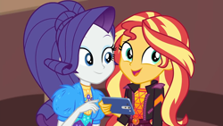 Size: 1920x1080 | Tagged: safe, screencap, rarity, sunset shimmer, better together, equestria girls, festival filters, cellphone, cute, duo, duo female, female, geode of empathy, magical geodes, phone, raribetes, shimmerbetes, smartphone, smiling