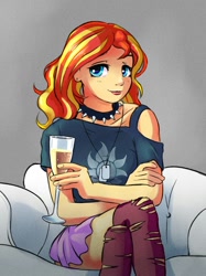 Size: 832x1112 | Tagged: source needed, safe, artist:gsphere, sunset shimmer, human, equestria girls, champagne, champagne glass, clothes, collar, crossed arms, crossed legs, dog tags, ear piercing, earring, female, glass, humanized, jewelry, love seat, piercing, skirt, smiling, socks, sofa, solo, spiked collar, stockings, thigh highs, thighs, torn clothes, wine glass