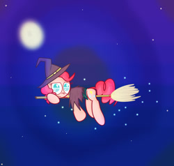 Size: 1280x1221 | Tagged: safe, artist:mr-degration, pinkie pie, earth pony, pony, broom, flying, flying broomstick, hat, moon, night, outdoors, sky, solo, witch, witch hat