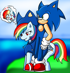 Size: 1976x2056 | Tagged: safe, artist:soul-yagami64, derpibooru import, rainbow dash, pegasus, pony, clothes, cosplay, costume, crossover, female, interspecies, male, shipping, sonic the hedgehog, sonic the hedgehog (series), sonicdash, straight