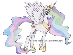 Size: 800x600 | Tagged: safe, artist:she-who-walks-alone, princess celestia, alicorn, pony, simple background, solo, spread wings, traditional art