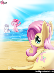 Size: 663x900 | Tagged: safe, artist:clouddg, fluttershy, pinkie pie, rarity, earth pony, pegasus, pony, unicorn, beach, fluffy, ocean