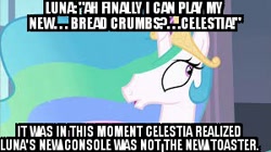 Size: 300x168 | Tagged: safe, edit, edited screencap, screencap, princess celestia, princess luna, alicorn, pony, caption, meme, offscreen character, solo, this will end in tears and/or death