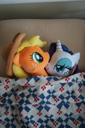 Size: 1696x2544 | Tagged: safe, artist:dynasty-dawn, applejack, rarity, bed, bedsheets, cuddling, cute, female, irl, lesbian, photo, plushie, rarijack, shipping, snuggling