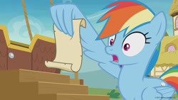 Size: 1600x900 | Tagged: safe, derpibooru import, screencap, rainbow dash, pegasus, pony, grannies gone wild, amused, female, mare, meme template, paper, reading, scroll, shocked, solo, to do list, wing hands, wingers, wings