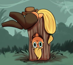 Size: 1337x1187 | Tagged: safe, artist:yukomaussi, applejack, earth pony, pony, semi-anthro, :c, applebucking thighs, applebutt, clothes, cowboy hat, hat, log, silly, silly pony, solo, stetson, stockings, stuck, tree, upside down, who's a silly pony