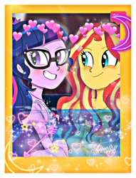 Size: 1800x2355 | Tagged: safe, artist:artmlpk, edit, sci-twi, sunset shimmer, twilight sparkle, equestria girls, bikini, clothes, cute, duo, shimmerbetes, swimsuit, twiabetes