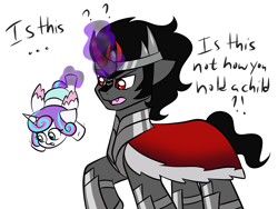 Size: 1600x1200 | Tagged: safe, artist:jolliapplegirl, derpibooru import, king sombra, princess flurry heart, pony, unicorn, season 9, the beginning of the end, ..., dialogue, exclamation point, female, filly, foal, interrobang, leg hold, magic, male, open mouth, question mark, simple background, stallion, telekinesis, white background