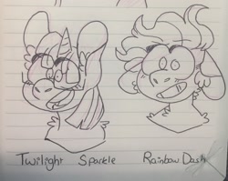 Size: 1280x1018 | Tagged: safe, artist:ghoul--doodle, derpibooru import, rainbow dash, twilight sparkle, pegasus, pony, bust, floppy ears, lined paper, traditional art