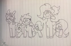 Size: 1280x841 | Tagged: safe, artist:ghoul--doodle, derpibooru import, fluttershy, rainbow dash, twilight sparkle, twilight sparkle (alicorn), alicorn, pegasus, pony, floppy ears, lined paper, traditional art