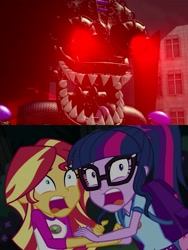 Size: 1920x2560 | Tagged: safe, edit, screencap, sci-twi, sunset shimmer, twilight sparkle, equestria girls, legend of everfree, 3d, crossover, endoskeleton, five nights at freddy's, glowing eyes, meme, reaction image, red eyes, roar, screaming, shadow mecha, source filmmaker, the special strike, thehottest dog