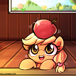 Size: 500x500 | Tagged: safe, artist:lumineko, applejack, earth pony, pony, apple, balancing, cute, eyes on the prize, female, filly, filly applejack, freckles, jackabetes, open mouth, smiling, solo, that pony sure does love apples, younger