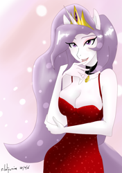 Size: 760x1080 | Tagged: safe, artist:audiomollyreplies, artist:silentpassion, princess celestia, anthro, ambiguous facial structure, anatomically incorrect, breasts, cleavage, collar, eyelashes, eyeshadow, fanart, female, lipstick, makeup, princess breastia, princess molestia, solo