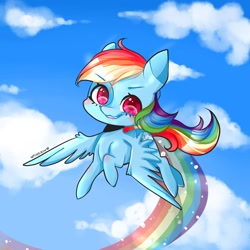 Size: 900x900 | Tagged: safe, artist:pinkrin13, derpibooru import, rainbow dash, pegasus, pony, blushing, chibi, cloud, cute, dashabetes, female, mare, rainbow trail, sky, solo, spread wings, wings