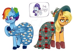 Size: 1280x899 | Tagged: safe, artist:shadowstar, derpibooru import, applejack, rainbow dash, rarity, earth pony, pegasus, pony, unicorn, and then there's rarity, applejack also dresses in style, blushing, clothes, darling, deviantart watermark, dress, hat, lost bet, makeover, obtrusive watermark, rainbow dash always dresses in style, signature, simple background, unamused, watermark, white background