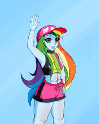 Size: 2000x2500 | Tagged: safe, artist:albertbm, derpibooru import, rainbow dash, better together, equestria girls, forgotten friendship, armpits, belly button, blue background, cap, clothes, female, hat, midriff, simple background, smiling, solo, swimsuit