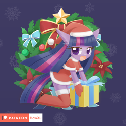 Size: 1000x1000 | Tagged: safe, artist:howxu, twilight sparkle, anthro, clothes, cute, dress, female, patreon, patreon logo, present, socks, solo, stockings, thigh highs, twiabetes, zettai ryouiki