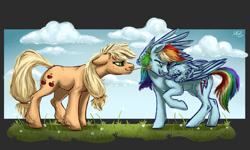 Size: 1280x768 | Tagged: safe, artist:gonedreamer, derpibooru import, applejack, rainbow dash, earth pony, pegasus, pony, duo, straw in mouth