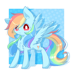 Size: 768x768 | Tagged: safe, artist:jisuppe, derpibooru import, rainbow dash, pegasus, pony, abstract background, chest fluff, cute, dashabetes, female, looking at you, mare, smiling, solo, spread wings, wings