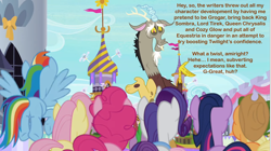 Size: 2007x1125 | Tagged: safe, derpibooru import, edit, edited screencap, screencap, applejack, discord, fluttershy, pinkie pie, rainbow dash, rarity, twilight sparkle, twilight sparkle (alicorn), alicorn, earth pony, pegasus, pony, unicorn, the ending of the end, canterlot, caption, discord drama, image macro, it was at this moment that he knew he fucked up, mane six, nervous, shrug, subverting expectations, text