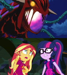 Size: 2908x3264 | Tagged: safe, edit, screencap, sci-twi, sunset shimmer, twilight sparkle, better together, equestria girls, spring breakdown, crossover, geode of telekinesis, glasses, groudon, magical geodes, malgroudon, melting, pokemon jirachi wish maker, pokémon, shrunken pupils