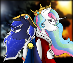 Size: 1274x1089 | Tagged: safe, artist:stuflox, princess celestia, princess luna, alicorn, pony, back to back, crown, hat, jewelry, looking at you, louis xviii, mantle, napoleon bonaparte, regalia, the count of monte cristo