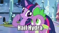 Size: 960x540 | Tagged: safe, derpibooru import, spike, twilight sparkle, dragon, hydra, captain america, confused, hail hydra, image macro, marvel, meme, multiple heads, whispering