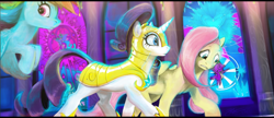 Size: 1920x828 | Tagged: safe, artist:roda11, derpibooru import, fluttershy, rainbow dash, rarity, pegasus, pony, unicorn, season 9, sparkle's seven, armor, armorarity, canterlot, canterlot castle, female, hallway, looking at something, looking back, looking down, mare, mural, pillar, royal guard, royal guard armor, royal guard rarity, stained glass, trio, walking, window, worried
