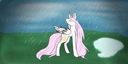 Size: 1024x514 | Tagged: safe, artist:deerotic25, princess celestia, alicorn, pony, curved horn, eyes closed, pink-mane celestia, rain, solo, younger