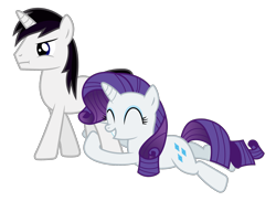 Size: 2690x1959 | Tagged: safe, artist:meandmyideas, rarity, oc, oc:barrfind, pony, unicorn, :t, canon x oc, dragging, eyes closed, female, holding legs, male, rarifind, shipping, simple background, smiling, stallion, straight, transparent background, vector