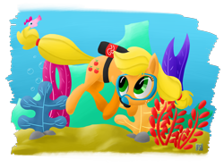 Size: 2000x1500 | Tagged: safe, artist:eq-7, applejack, pinkie pie, fish, diving, fishified, hatless, missing accessory, scuba, species swap, swimming, underwater