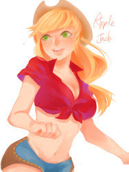 Size: 375x500 | Tagged: safe, artist:sasaki612, applejack, human, belly button, clothes, front knot midriff, humanized, midriff, shorts, solo