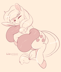 Size: 900x1060 | Tagged: safe, artist:lizombie, applejack, earth pony, pony, body pillow, cute, sleeping, smiling, solo