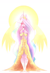 Size: 1500x2200 | Tagged: safe, artist:elemental-fa, princess celestia, anthro, clothes, dress, ethereal wings, simple background, solo, spread wings, white background