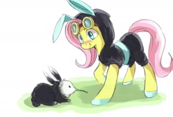 Size: 1748x1181 | Tagged: safe, artist:magiace, fluttershy, pegasus, pony, rabbit, blushing, clothes