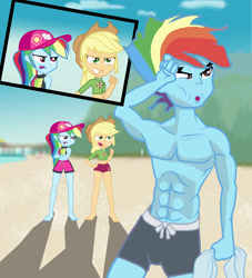 Size: 2716x2995 | Tagged: safe, artist:urhangrzerg, derpibooru import, applejack, rainbow blitz, rainbow dash, better together, equestria girls, beach, equestria guys, lifeguard, lifeguard applejack, male, muscles, rule 63