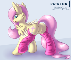 Size: 2550x2150 | Tagged: safe, artist:shad0w-galaxy, fluttershy, pegasus, pony, blue background, clothes, dock, ear fluff, featureless crotch, female, fluffy, flutterbutt, looking back, mare, open mouth, patreon, patreon logo, pink socks, plot, simple background, socks, solo, thigh highs, wings