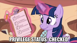 Size: 864x486 | Tagged: safe, derpibooru import, twilight sparkle, twilight sparkle (alicorn), alicorn, pony, testing testing 1-2-3, check your privilege, female, image macro, mare, meme, privilege, solo