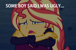 Size: 1136x744 | Tagged: safe, edit, edited screencap, screencap, sunset shimmer, better together, equestria girls, sunset's backstage pass!, abuse, background pony strikes again, bronybait, crying, op is a cuck, op is trying to start shit, sad, shimmerbuse, sunsad shimmer