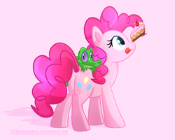 Size: 2500x2000 | Tagged: safe, artist:xwhitedreamsx, gummy, pinkie pie, earth pony, pony, balancing, cake, pink background, ponies balancing stuff on their nose, simple background, solo, tongue out