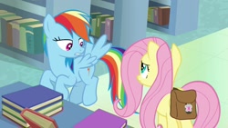 Size: 1920x1080 | Tagged: safe, derpibooru import, screencap, fluttershy, rainbow dash, pegasus, pony, daring doubt, book, bookshelf, saddle bag