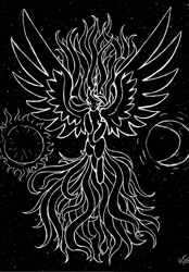 Size: 2408x3468 | Tagged: safe, artist:spacesheep-art, princess celestia, alicorn, pony, black and white, eyes closed, grayscale, monochrome, moon, solo, spread wings, stars, sun, traditional art