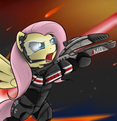 Size: 667x691 | Tagged: safe, artist:theparagon, fluttershy, pegasus, pony, armor, badass, bipedal, crossover, flutterbadass, gun, mass effect, mass effect 2, n7 armor, solo, weapon