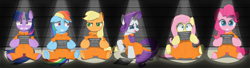 Size: 4583x1250 | Tagged: safe, artist:spellboundcanvas, derpibooru import, applejack, fluttershy, pinkie pie, rainbow dash, rarity, twilight sparkle, earth pony, pegasus, pony, unicorn, angry, clothes, crying, embarrassed, happy, mane six, mugshot, nervous, prison, prison outfit, prisoner, prisoner pp, prisoner rd, prisoner ry, prisoner ts, sad, scared, spotlight, teary eyes